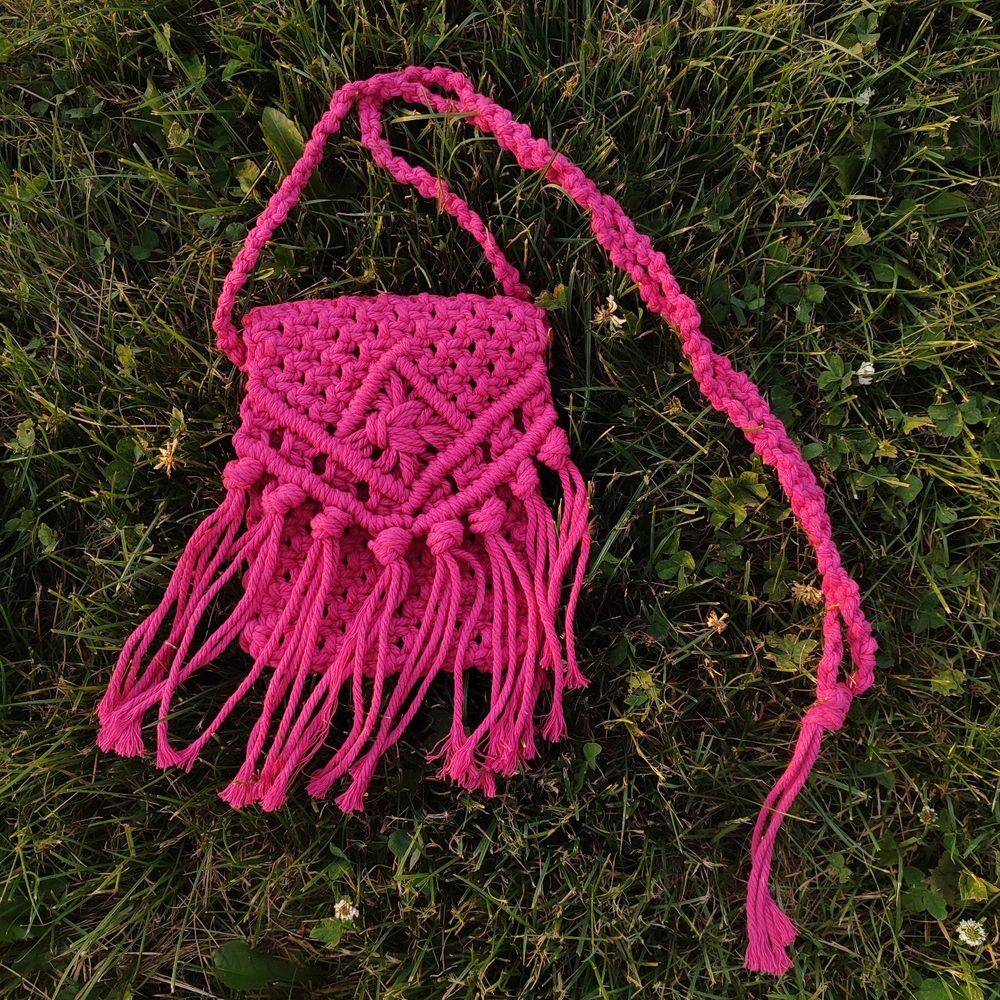 Handcrafted Pink Macramé Fringe Bag